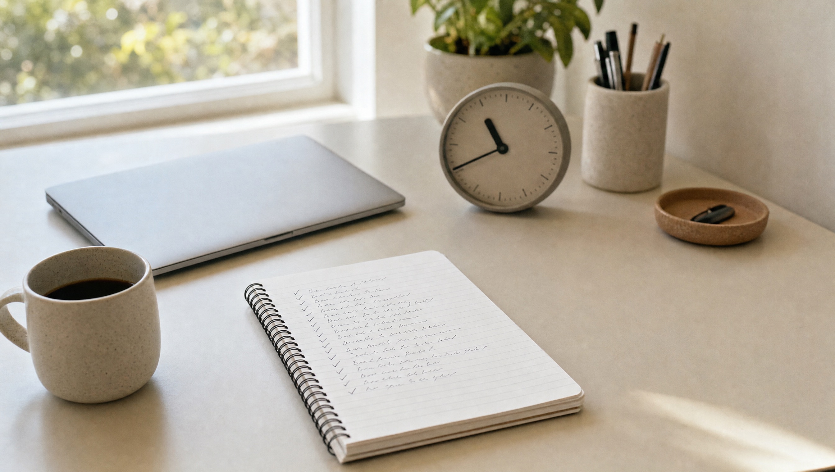 Eine handgeschriebene To-do-Liste auf einem Notizblock, jede Zeile abgehakt, daneben eine kleine Tischuhr am Vormittag, ein zugeklappter Laptop und eine volle Kaffeetasse auf einem aufgeräumten Schreibtisch