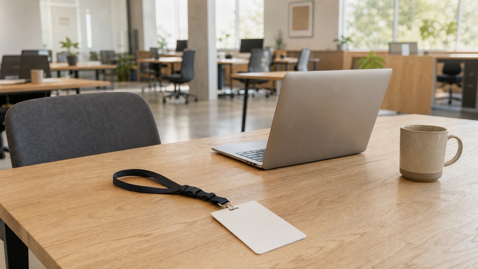 Ein freier Schreibtisch in einem hellen Coworking Space: eine Zugangskarte am Schlüsselband liegt neben einem aufgeklappten Laptop und einem Kaffeebecher, dahinter unscharf weitere Arbeitsplätze und Pflanzen im Mittagslicht
