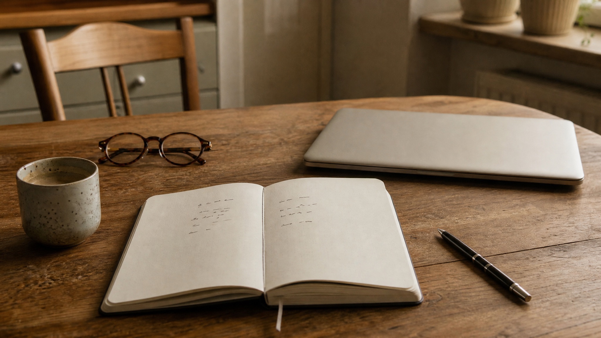 Aufgeschlagenes Notizbuch auf einem Küchentisch im Morgenlicht, daneben Kaffee, Brille und ein zugeklappter Laptop