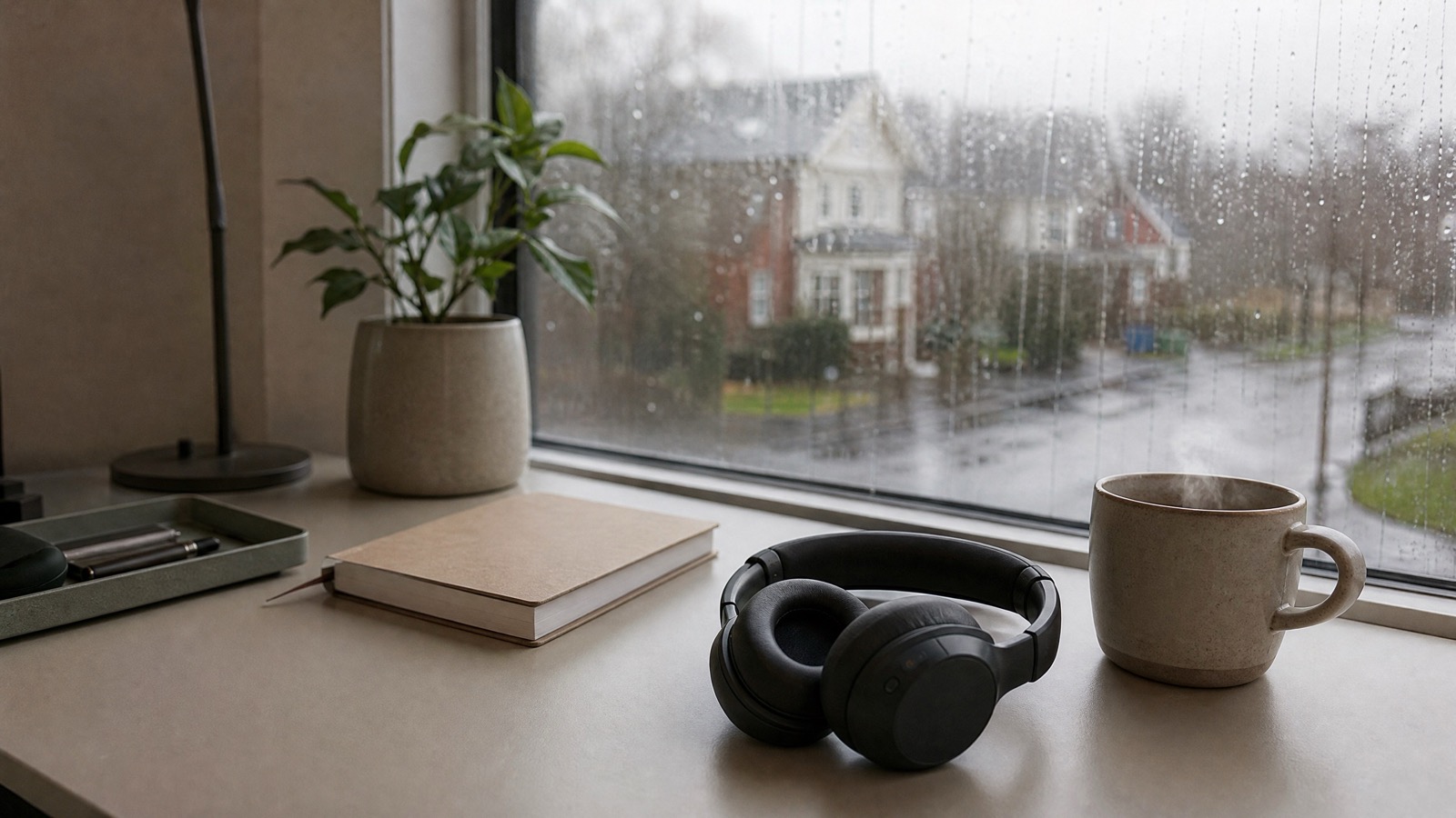 Ein aufgeräumter Schreibtisch zu Hause vor einem regennassen Fenster: ein schwarzes Headset liegt neben einer dampfenden Keramiktasse und einem geschlossenen Notizbuch, draußen unscharf eine leere nasse Wohnstraße im grauen Morgenlicht