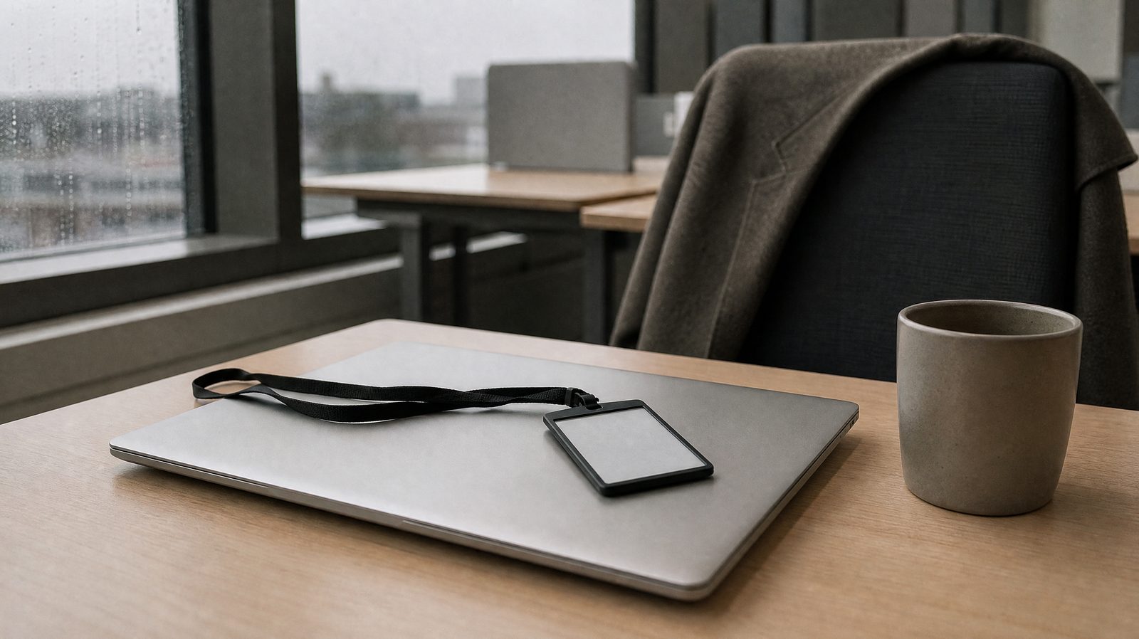 Ein zugeklappter Laptop auf einem Büroschreibtisch, darauf ein Firmenausweis am schwarzen Schlüsselband, daneben eine Tasse; über der Stuhllehne hängt schon der Mantel, draußen Regen am Fenster