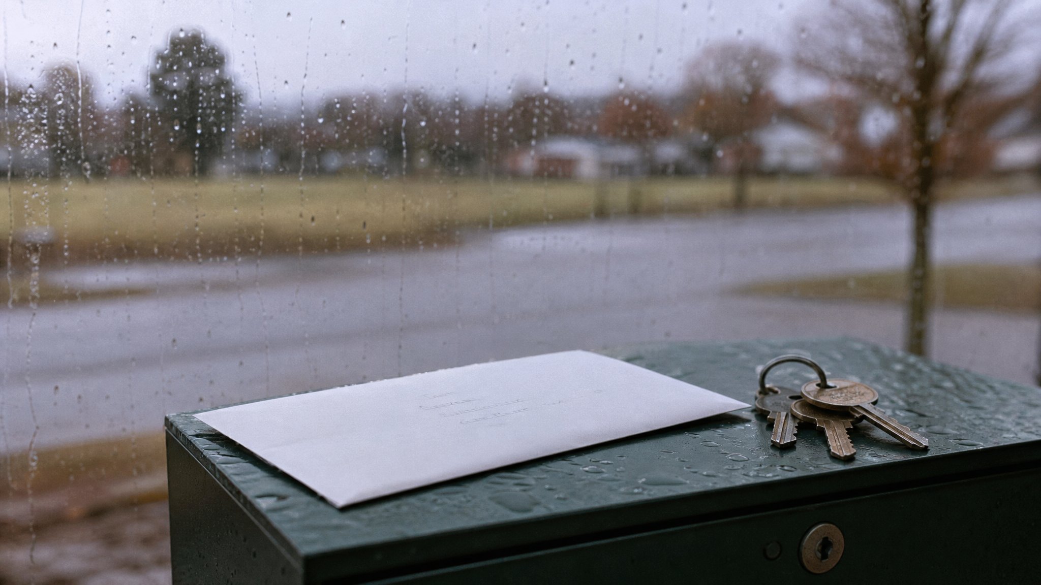 Ein weißer, adressierter Briefumschlag liegt ungeöffnet auf dem nassen Deckel eines grünen Briefkastens, daneben ein Schlüsselbund, im Hintergrund eine regennasse Straße an einem grauen Tag