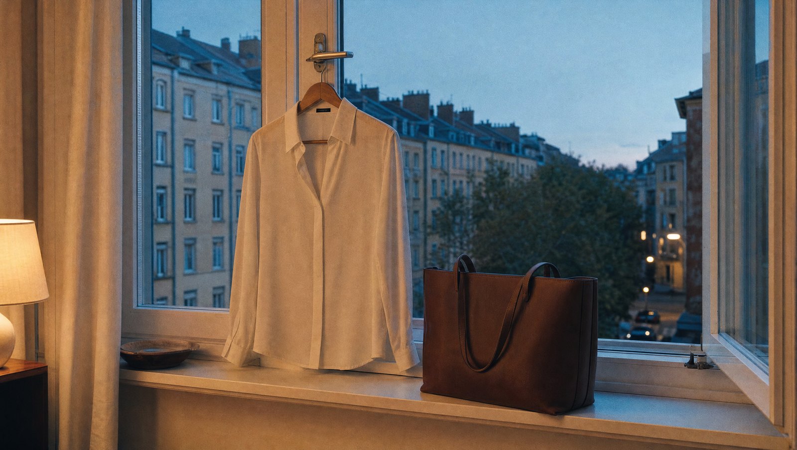 Eine gebügelte Bluse auf einem Bügel am Fenstergriff, davor auf der breiten Fensterbank die gepackte Arbeitstasche, draußen blaue Abenddämmerung über einer ruhigen Straße