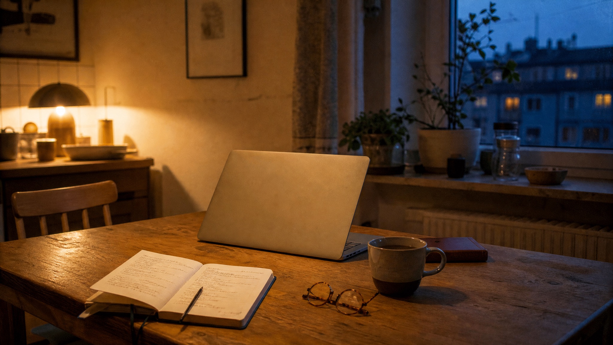 Küchentisch am Abend mit halb zugeklapptem Laptop, aufgeschlagenem Notizbuch und einer Tasse Tee