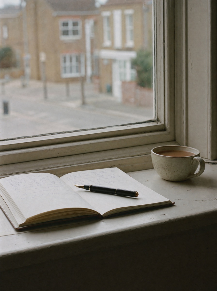 Notizbuch und Stift am Fenster
