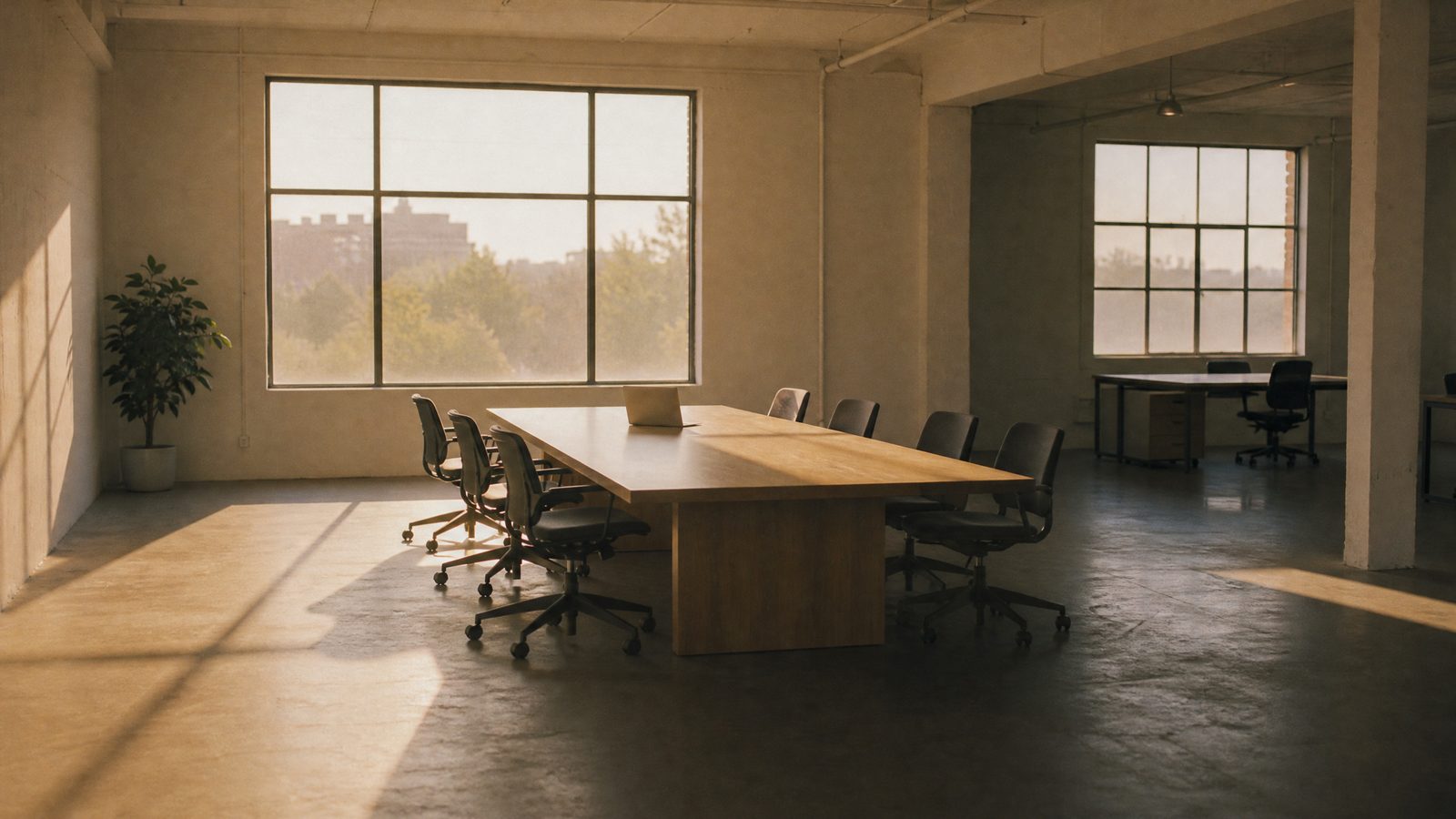 Ein leerer Besprechungstisch aus hellem Holz in einem Büro-Loft am Morgen, ringsum unbesetzte Stühle, auf dem Tisch steht ein einzelner aufgeklappter Laptop, durch große Fenster fällt warmes Licht auf den Betonboden