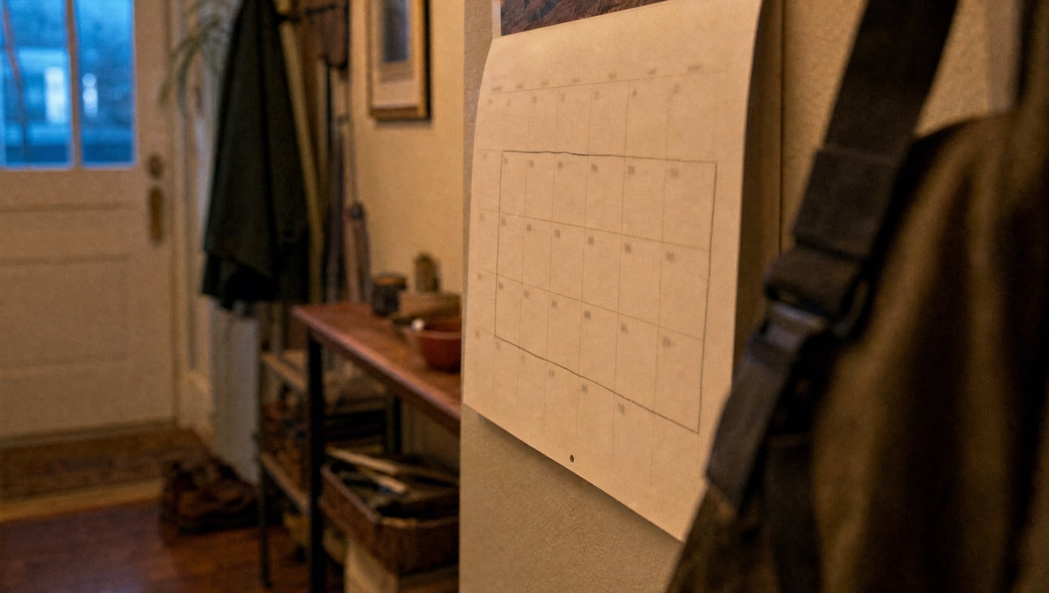 Ein Papierkalender an einer Flurwand, ein Block von mehreren Wochen mit Bleistift eingerahmt, im Vordergrund unscharf der Riemen eines Rucksacks, dahinter die Wohnungstür