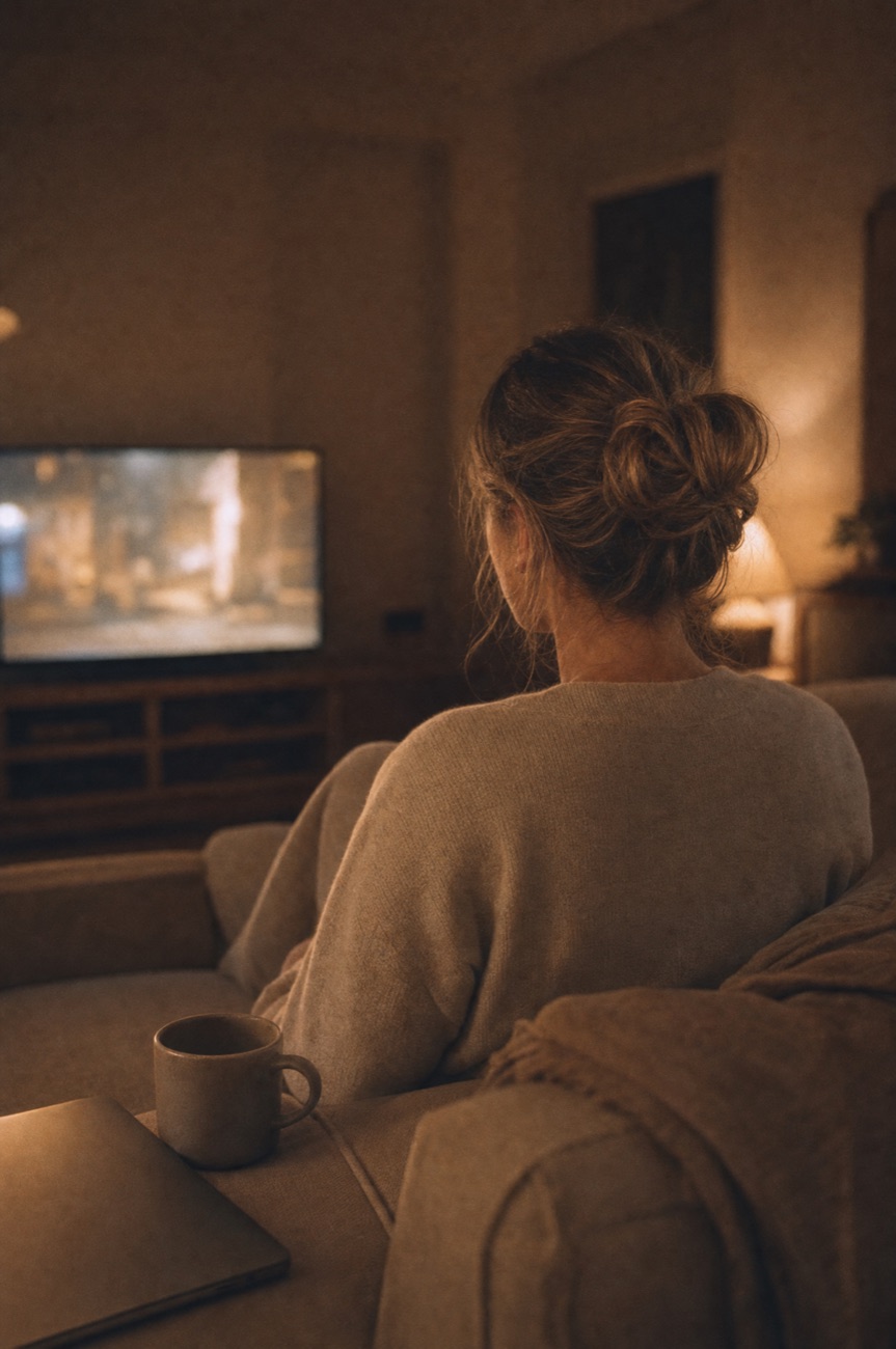 Frau sitzt abends auf dem Sofa, der Fernseher läuft