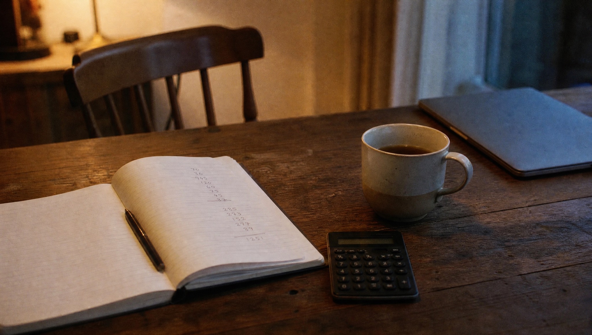Küchentisch am frühen Abend mit aufgeschlagenem Notizbuch, handschriftlicher Zahlenspalte, Taschenrechner und einer Tasse Tee