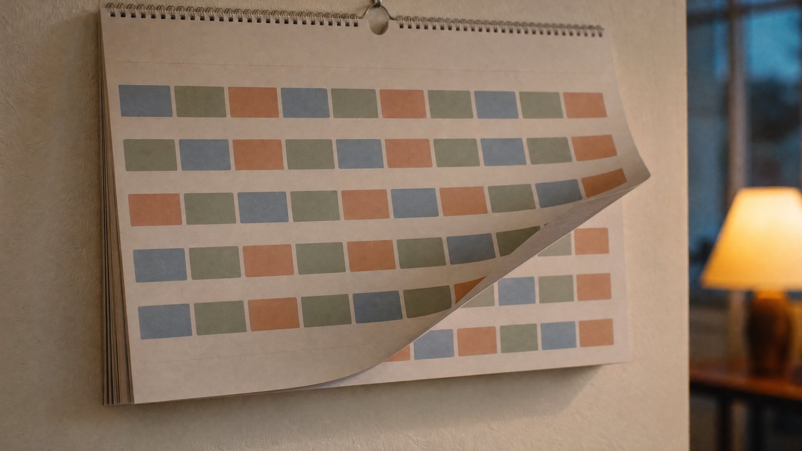 Ein Wandkalender an einer hellen Wohnzimmerwand in der Abenddämmerung, die Monatsseite voller gleichförmiger farbiger Terminblöcke, die sich Woche für Woche wiederholen; die nächste Seite ist halb angehoben