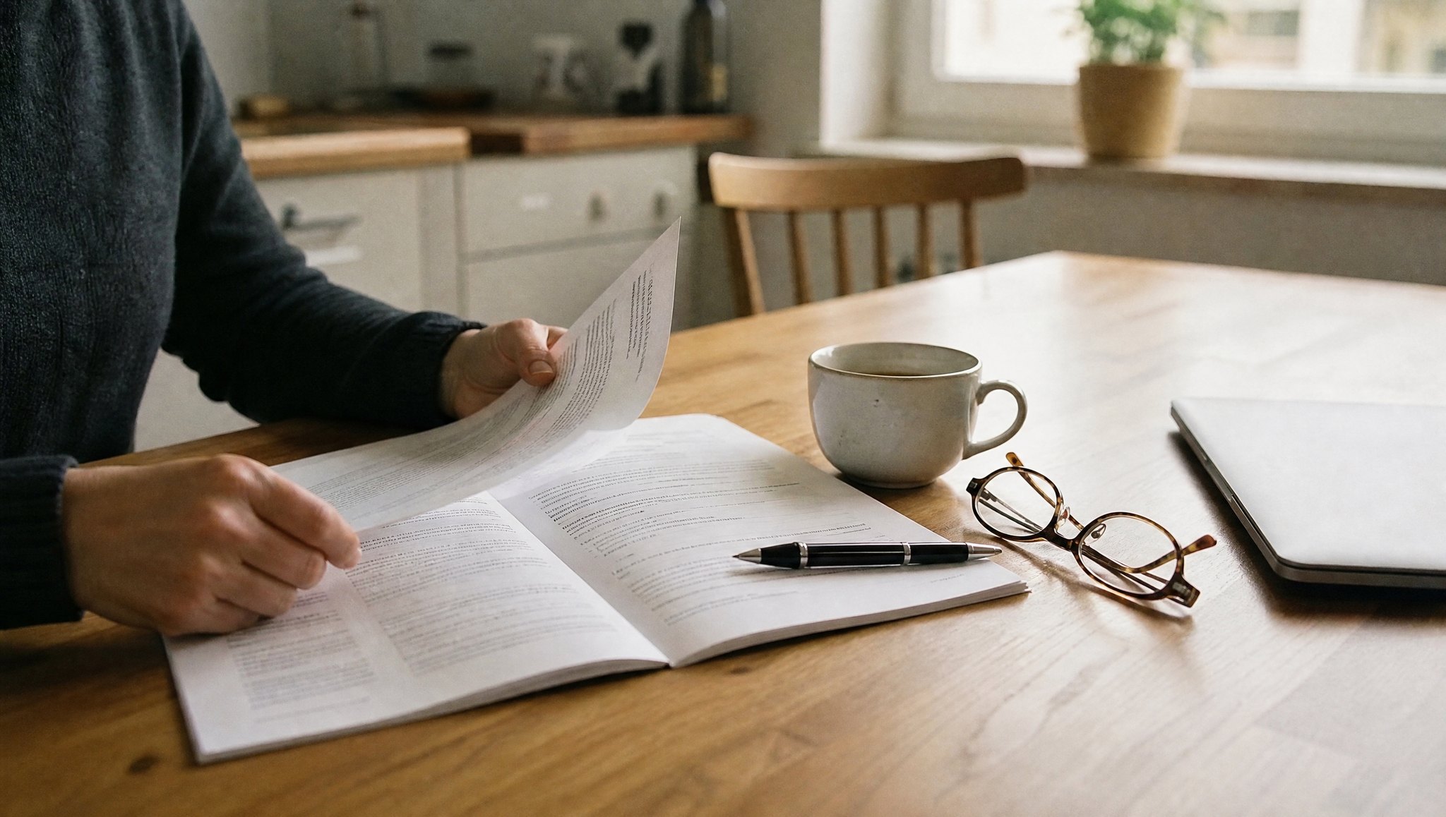 Aufgeschlagener Arbeitsvertrag auf einem Küchentisch im Morgenlicht, daneben ein Stift, eine Tasse Kaffee und eine Lesebrille