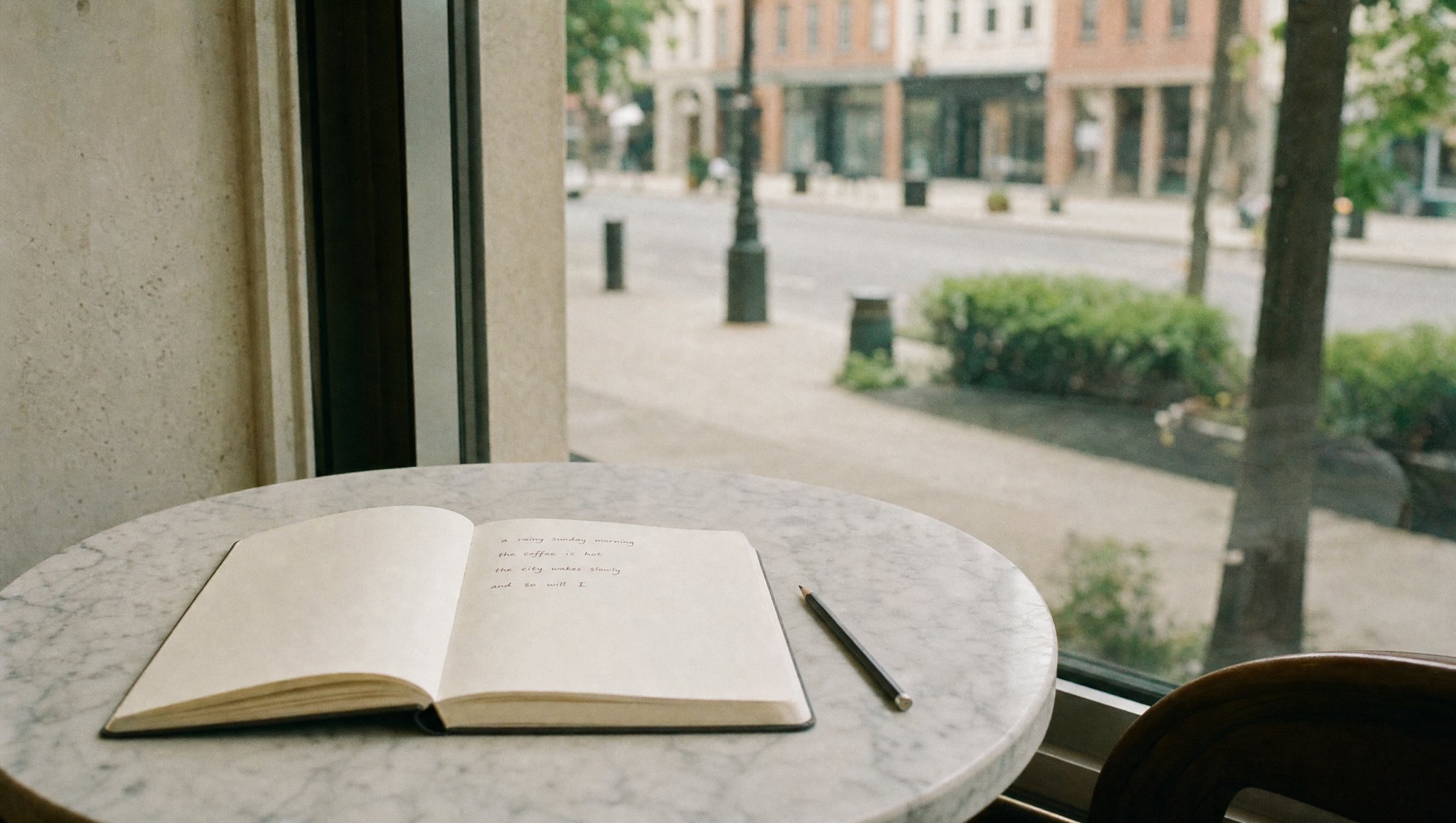 Ein aufgeschlagenes Notizbuch mit vier handschriftlichen Zeilen auf einem kleinen Café-Tisch, daneben ein Bleistift, draußen unscharf die Straße