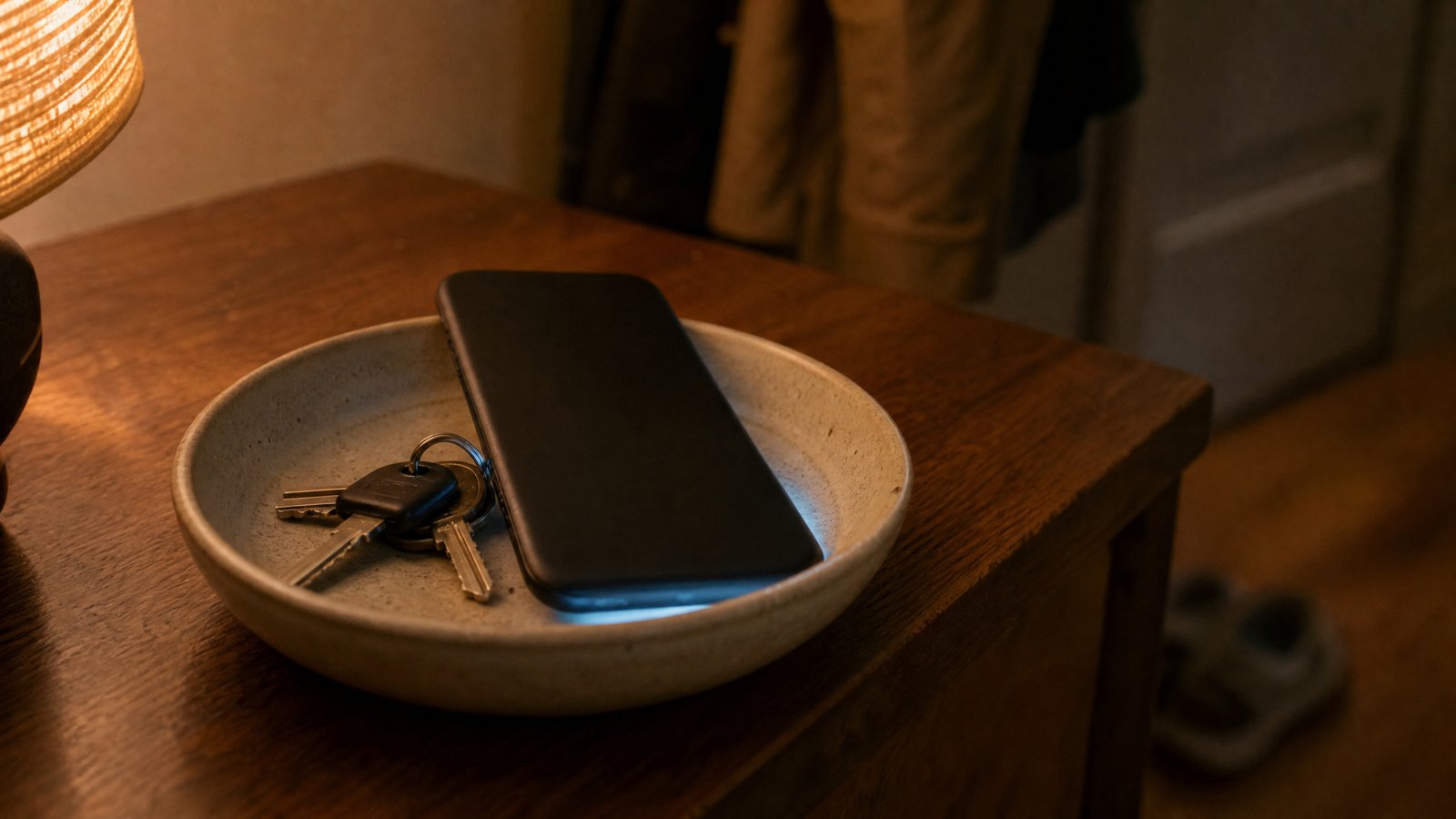 Ein Smartphone liegt mit dem Display nach unten in einer Keramikschale auf einer Holzkommode im Flur, daneben ein Schlüsselbund; unter dem Gerät leuchtet schwach eine Benachrichtigung, im Hintergrund unscharf Mäntel an der Garderobe und eine Tür im warmen Licht einer Tischlampe
