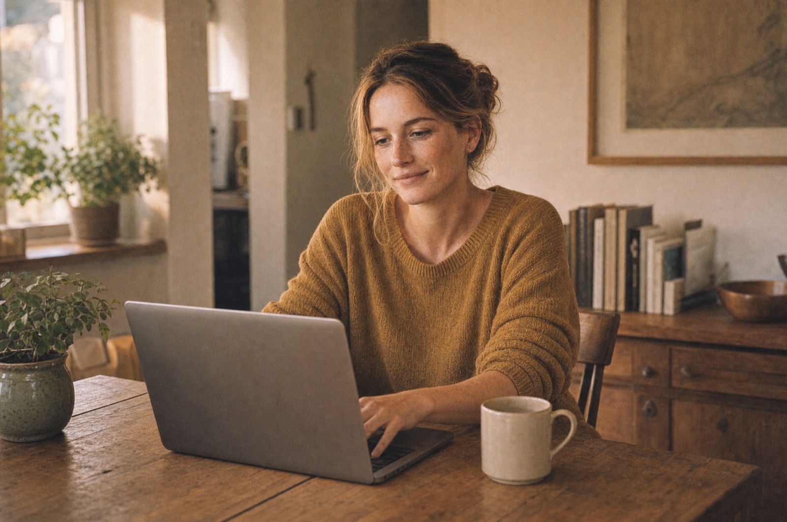 Frau arbeitet am Küchentisch an ihrem Laptop