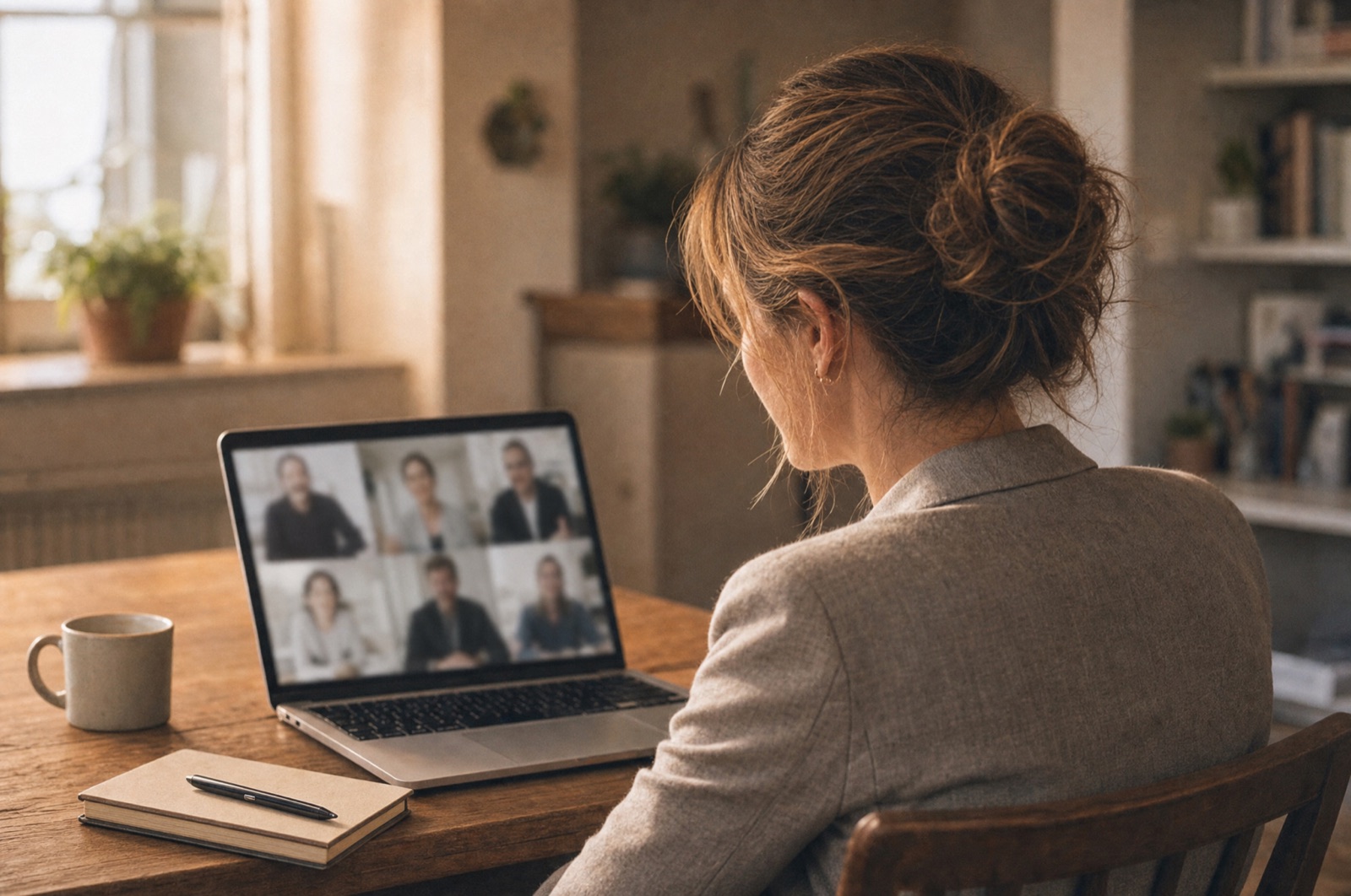 Frau in einem Video-Call an ihrem Schreibtisch